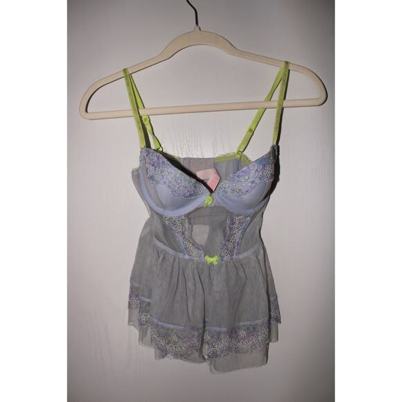 Victoria Secret Light Blue Dainty Babydoll Top with Embroidered Flowers 34B - Picture 1 of 7